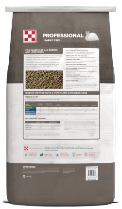 Image of gray and white Purina Professional Rabbit Feed with two rabbit showing back view