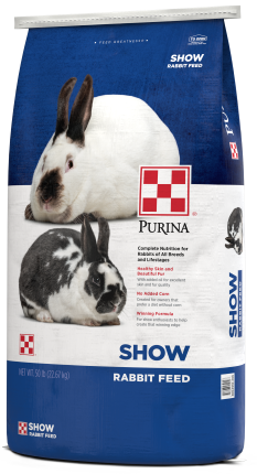 Image of white and blue Purina Show Rabbit Feed package right facing