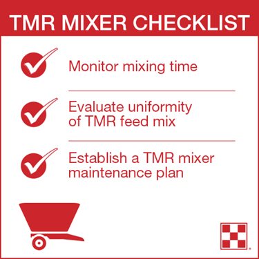 TMR mixer checklist includes loading proper amounts of ingredients, monitoring mixing time, evaluating uniformity of TMR feed mix and establishing a TMR mixer maintenance plan.