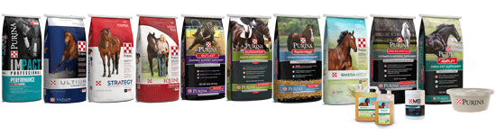 Image of Purina horse feed supplement and complete feed packages