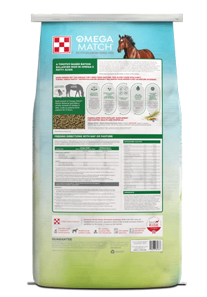 Purina Omega Match Ration Balancing Horse Feed back facing
