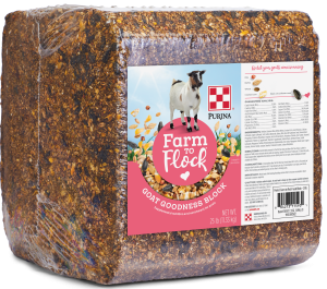 Purina Farm to Flock® Goat Goodness Block, 25 lb goat supplement block left facing