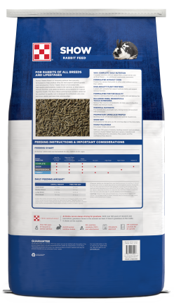 Image of white and blue Purina Show Rabbit Feed package back facing