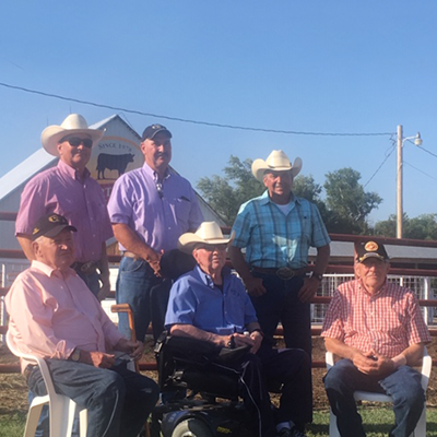 The third generation of McCurry Bros. stand behind the second generation after their barn was branded with the Certified Angus Beef logo in 2018. (Front L-R: Bob, Cecil and O’Dell McCurry; Back L-R: Brad, Geoff and Greg McCurry)
