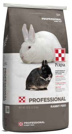 Image of gray and white Purina Professional Rabbit Feed with two rabbit showing left view