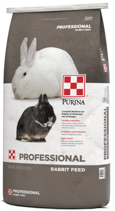 Image of gray and white Purina Professional Rabbit Feed with two rabbit showing rightt view