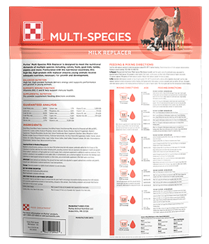 Package image of back of Purina Multi-Species Milk Replacer