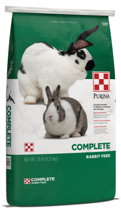 Image of green and white complete rabbit feed package with two rabbits shown on the front left view