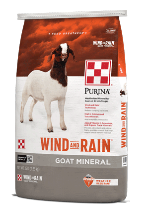 Image of gray and orange Wind and Rain Mineral For Goats package left facing