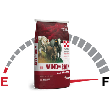 A Purina<sup>&reg;</sup> Wind and Rain<sup>&reg;</sup> Mineral bag at the center of a full fuel gauge