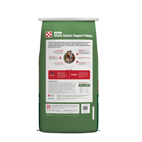 Green Alfalfa Gastric Support feed bag with horse back facing