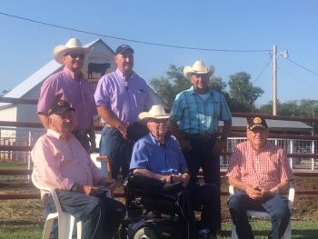 The third generation of McCurry Bros. stand behind the second generation after their barn was branded with the Certified Angus Beef logo in 2018. (Front L-R: Bob, Cecil and O’Dell McCurry; Back L-R: Brad, Geoff and Greg McCurry)