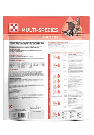 Package image of back of Purina Multi-Species Milk Replacer