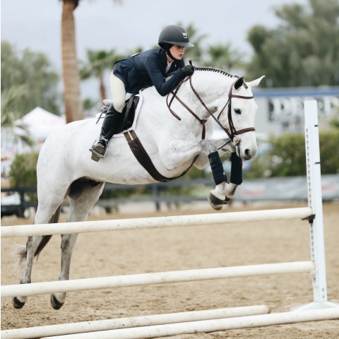 Girl jumping grey horse over fence