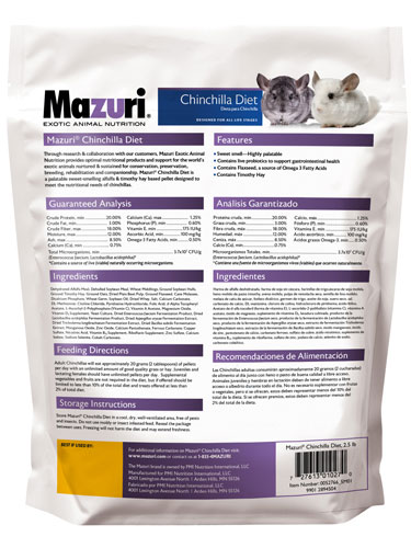Mazuri® Chinchilla Diet 2.5 lb resealable poly bag back with product information