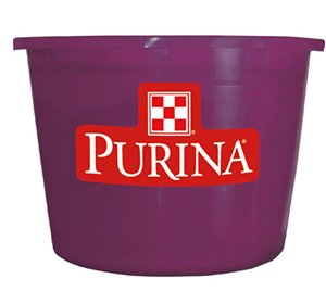 Purple tub with red Purina logo and checkerboard