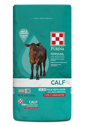 Image of front of Purina® 24:20 All Milk Medicated Calf Milk Replacer package