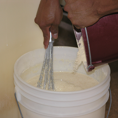 Dairy farm employee pours calf milk replacer powder into a bucket of water and mixes with a whisk.
