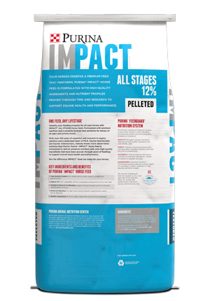 Impact All Stages 12% pelleted horse feed back facing bag