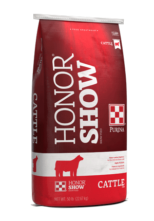 Image of red and white cattle show feed bag