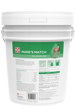 Image of back of Mare's Match Milk Replacer white pails with green labels
