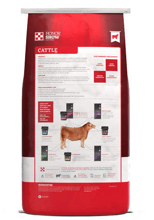 Image of red and white cattle show feed bag back facing