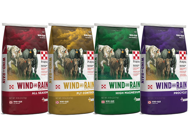 Wind and Rain Mineral Fly Control, All Season, High Magnesium and Procycle Packages in a line 