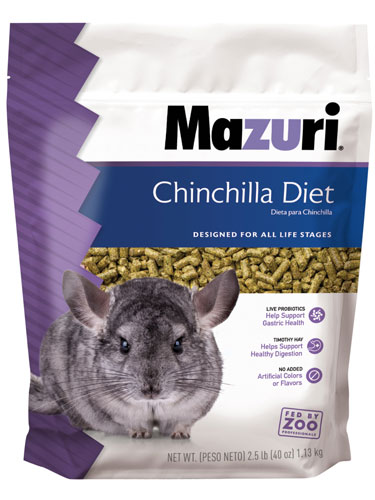Mazuri® Chinchilla Diet 2.5 lb resealable poly bag with Mazuri® logo and purple stripe