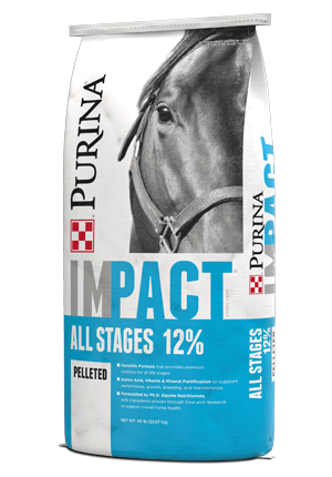 Impact All Stages 12% pelleted horse feed right facing bag