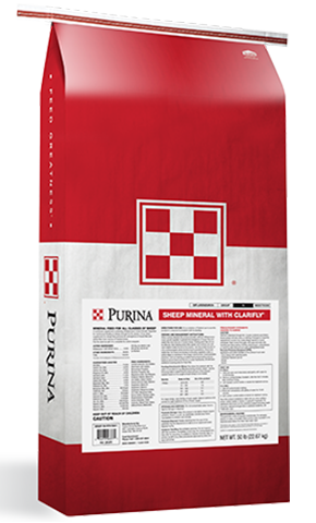 Red and white Purina Sheep Mineral with ClariFly Bag