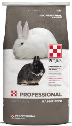 Image of gray and white Purina Professional Rabbit Feed with two rabbit showing front view