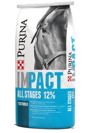 Impact All Stages 12% premium horse feed texturized right facing bag