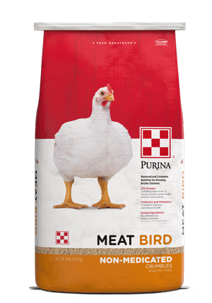 Purina® Meat Bird Poultry Feed red, white and yellow package front view