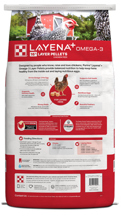 Image of Purina® Layena® Plus Omega-3 poultry feed package back view