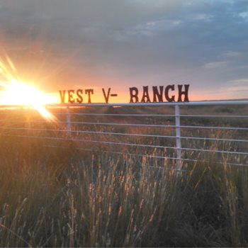 Vest Ranch sign on a fence with beautiful orange and pink sunset behind
