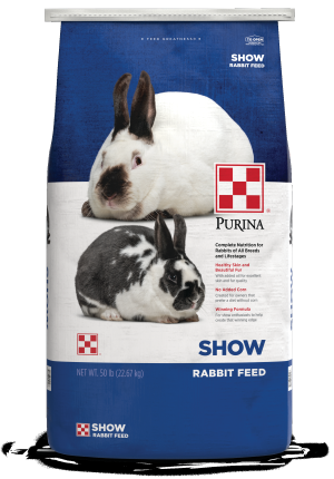 Image of white and blue Purina Show Rabbit Feed package front facing