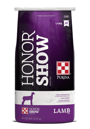 Image of purple and white show lamb feed bag front facing