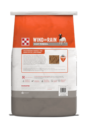 Image of gray and orange Wind and Rain Mineral For Goats package back 