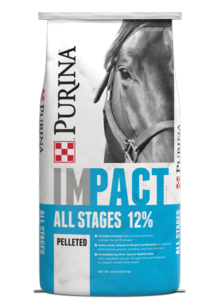 Impact All Stages 12% pelleted horse feed front facing bag