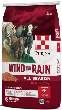 Image of Purina® Wind and Rain® Storm® All Season cattle feed bag right facing